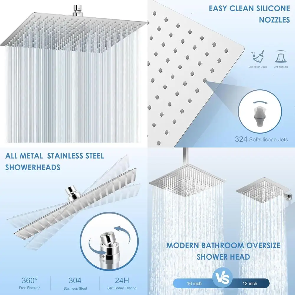 

16 Inch Ceiling-Mounted Metal 304 Stainless Steel Rain Shower with 324 Silicone Nozzles, Square Design, Chrome Finish