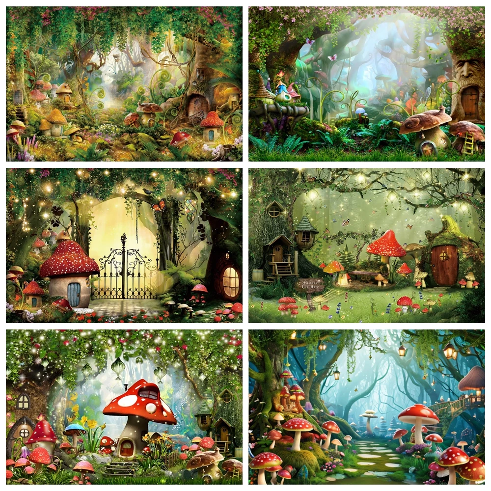 Enchanted Forest Photography Backdrop Fairy Tale Mushroom Jungle Dreamy Wonderland Baby Birthday Party Background Photo Studio