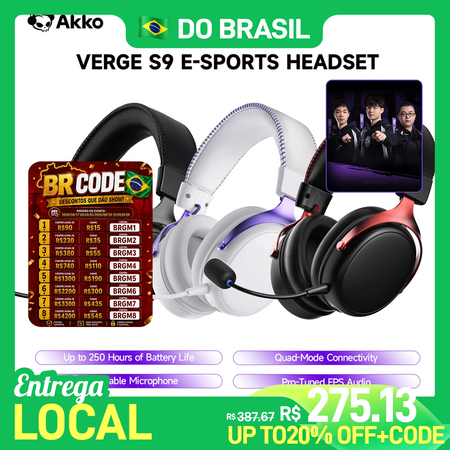 Fone de Ouvido Gamer Sem Fio AKKO Verge S9 Ultra BT/2.4G/Com Fio, Driver de 53mm, Baixa Latência, Headphone FPS para PC, PS5, Switch, Xbox, 2000mAh