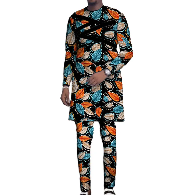 

Nigerian Fashion Men's Patchwork Design Shirts With Trousers African Trends Tailored Pant Sets Traditional Party Wear