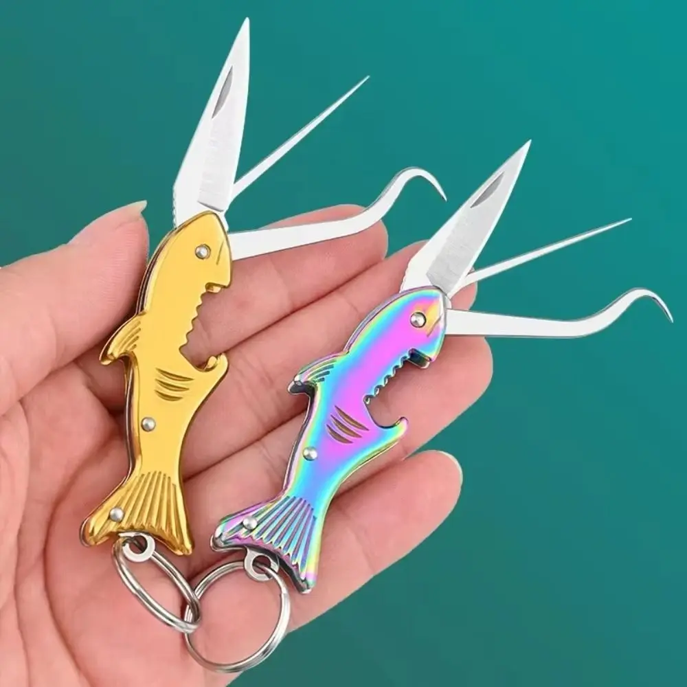 Stainless Steel Portable Folding Cutter Keychain Shark Shaped Tooth Crochet Fruit Cutter Mini Colorful Pocket Cutter Kitchen