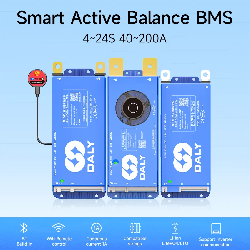DALY 100 BALANCE smart bms 100A 200A 4s-8s 8S-17 8-24S 12v 24V 48V LCD Li-ion lifepo4 battery bms with active balancer