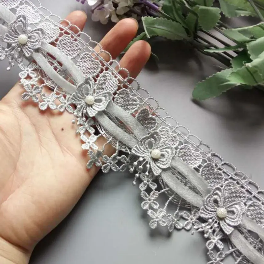 1 Yard Luxury Gray  Organza Tulle Lace Fabric 3D Beads Flowers Embroidery Ribbon Trim Edge For DIY Sewing Neckline Garment Decor