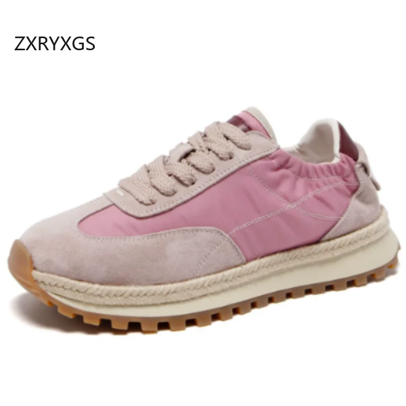 ZXRYXGS Matte Cowhide Splicing Cloth Spell Colors Women Sneakers Trendy Shoes 2026 New Autumn Lace-up Flat Sneakers Casual Shoes
