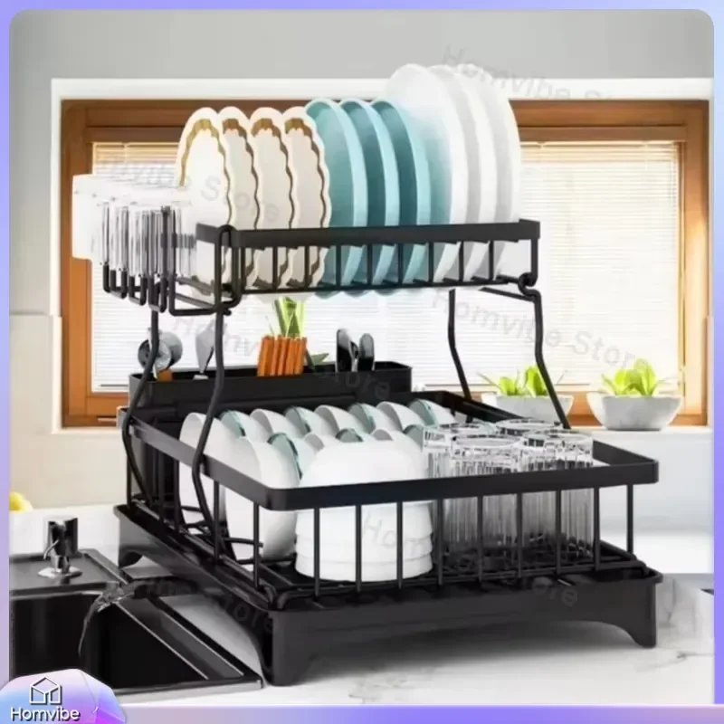 Large Capacity 2-Tier Dish Drying Rack for Kitchen Countertop Rust Proof Metal Dish Rack with Drain Tray Utensil Storage
