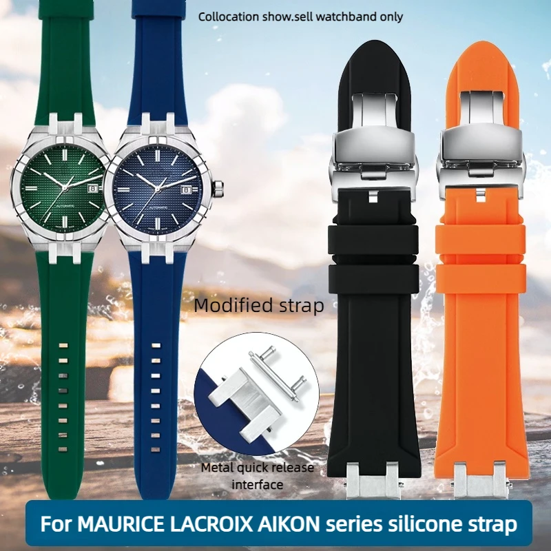 Quick Release siliconen Band Voor MAURICE LACROIX AIKON AI 1008 1018 1108 6008 6058 6038 6007 Metalen connector Rubber Horloge band
