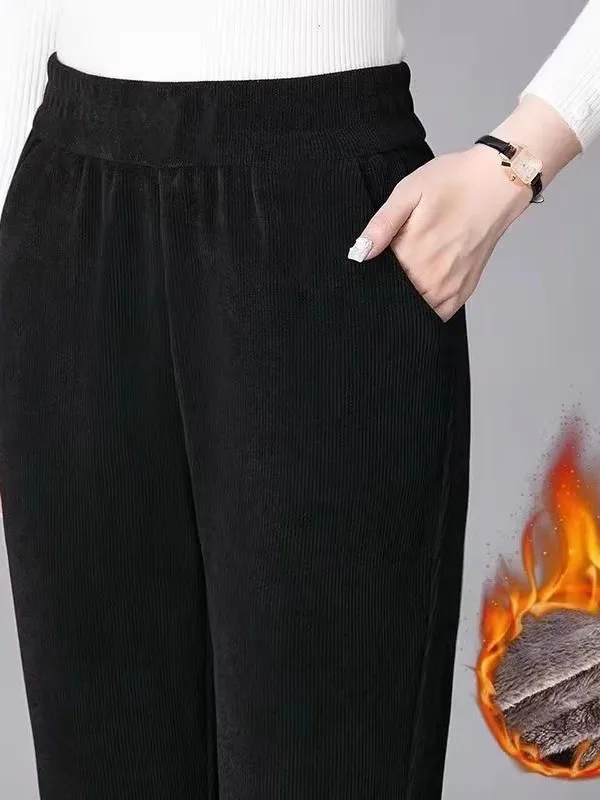 بنطلون مستقيم سميك بخصر مرتفع مبطن بالصوف الدافئ للنساء، بنطلون كاجوال على طراز الهارلان للخريف والشتاء، أزياء عصرية بمقاسات ...