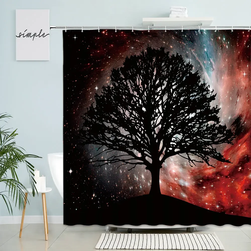 Tree Shower Curtain Fantasy Starry Sky Universe Night Shadow Abstract Pattern Bathroom Waterproof Polyester Curtains Home Decor