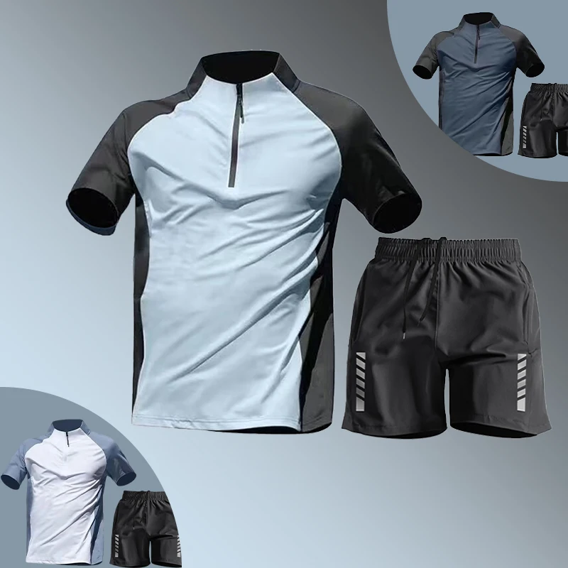 

New Summer Cool Half-zip Loose Quick-Dry Training Men's Causal Lightweight T-shirt Sports Athletics Running T-shirt & Short
