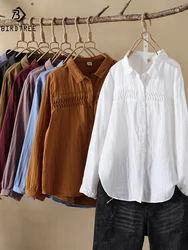 New Summer Cotton Yarn Long Sleeve Shirt, Women Lapel Folds Tops, Mori Girl Casual Fashion White Loose Blouses, Autumn T47988QM