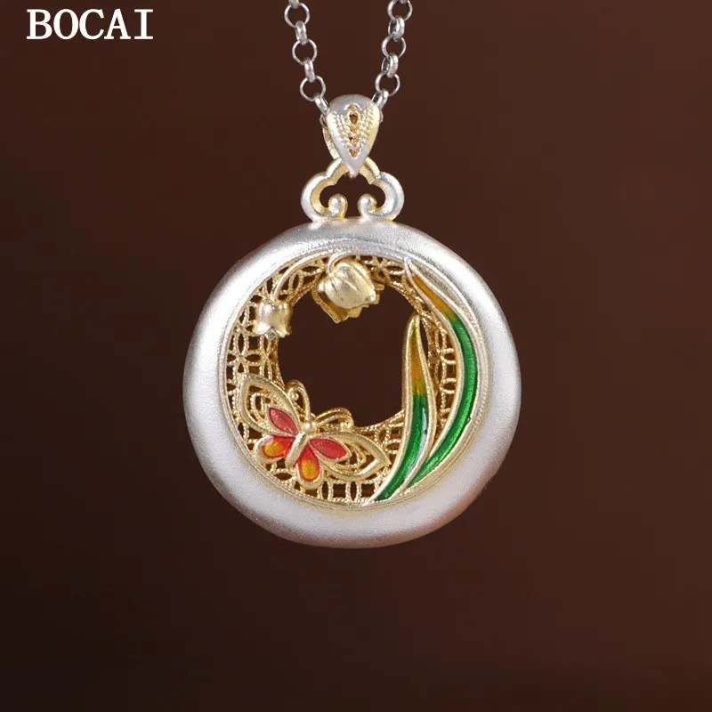 BOCAI S999 Silver Drip Oil Gold Stroke Butterfly Tulip Elegant Temperament Women's Pendant