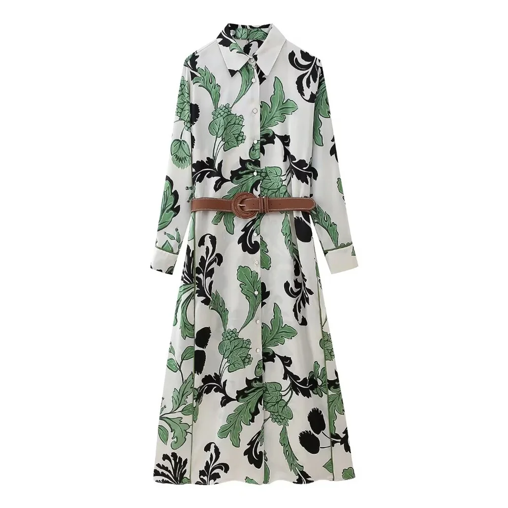 Spring and summer women\'s fashionable new style with belt printed shirt style dress