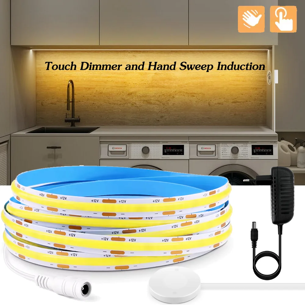 12V COB LED Strip Light Touch Dimmer and Hand Sweep Induction Switch 320LEDs/M LED Tape Lamp Bedroom Kitchen Lighting Ribbon