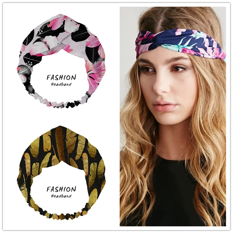 Women Girls Summer Bohemian Hair Bands Print Headbands Retro Cross Turban Bandage Bandanas HairBands Hair Accessories Headwrap