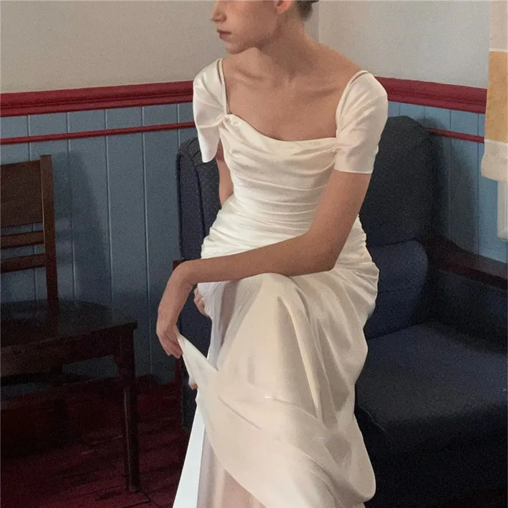 Eleganti abiti da sposa a sirena in raso morbido coreano servizio fotografico cinghie per Spaghetti lunghezza del pavimento abiti da sera per feste BrideCL-545