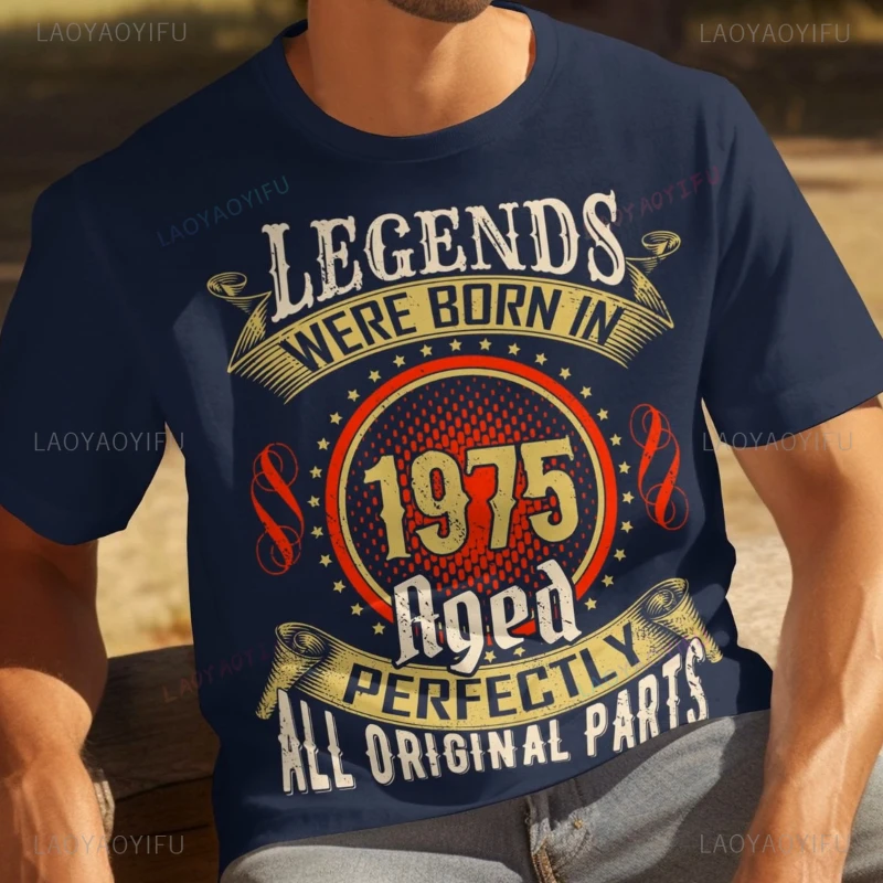Man 50th Birthday Men's T-Shirt Born 1975 Legend Celebrate Funny Gift Nostalgia Old School Style Streetwear Black Retro Tees