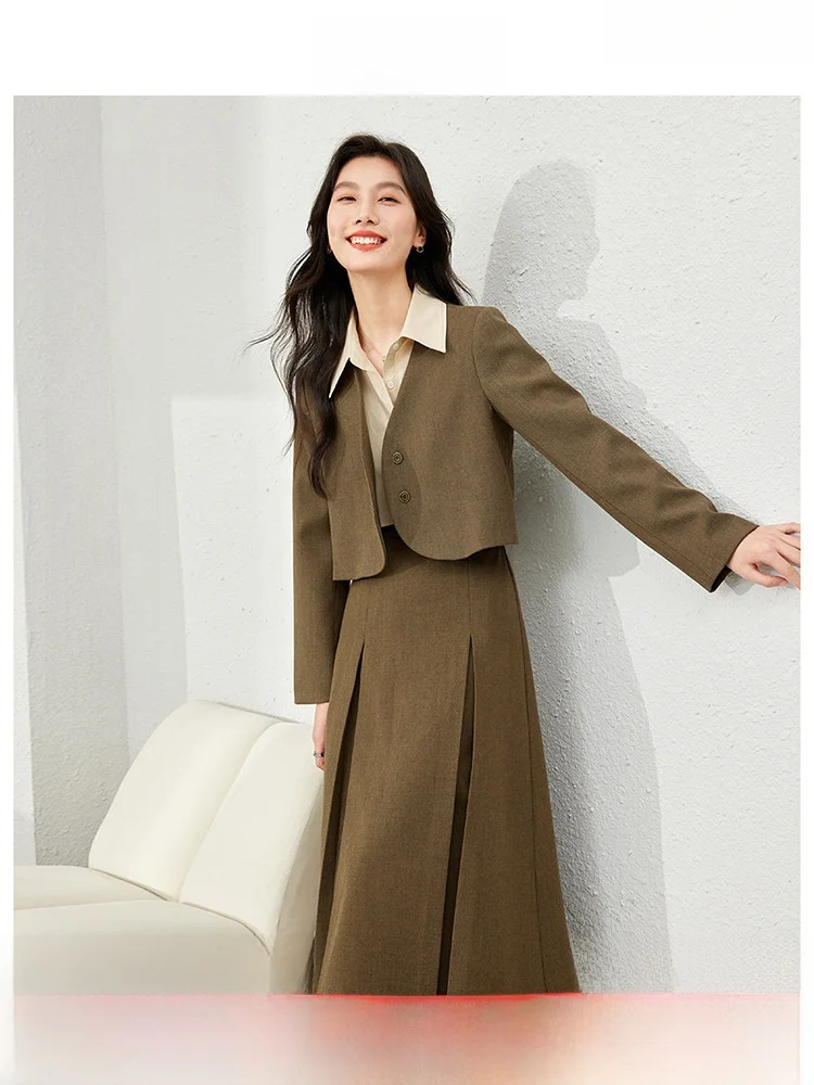 

Elegant Brown Suit Set Women's Short Jacket Half-length Skirt Commute Fashion Two-piece Set 25-35 Years Old Women