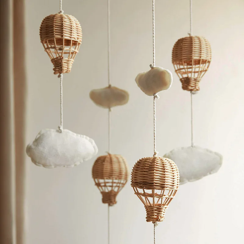 Natural Woven Rattan Hot Air Balloon Hanging Ornament Wooden Cloud Pendant Handmade Children Room Decoration Baby Soothing Toy