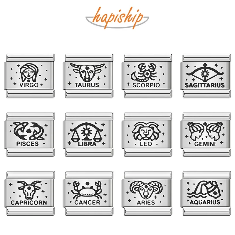 Hapiship 2024 New Women Unique 12 Constellation Italian Charms Links Fit 9mm Bracelet Stainless Steel DIY Making Jewelry DJ1181