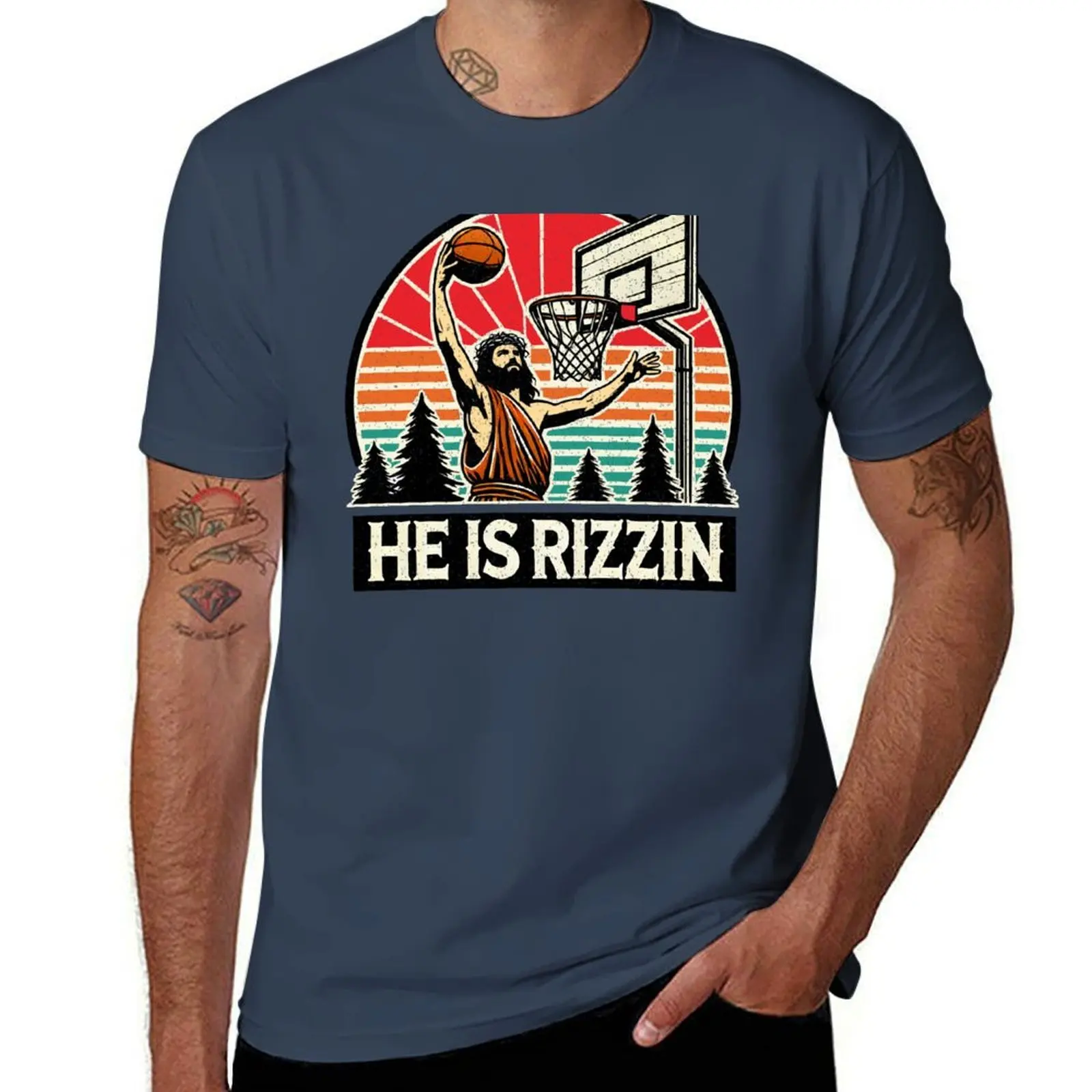 

Funny Retro He Is Rizzin Christian Easter Playing Basketball T-Shirt man t shirt summer T-Shirt