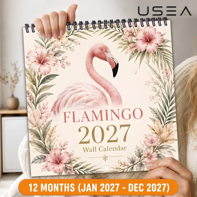 2027 Wall Calendar,Twin Wire Spiral Hanging Calendar, Flamingo Botanical Floral Design,Large Writable Blocks,US Federal Holidays