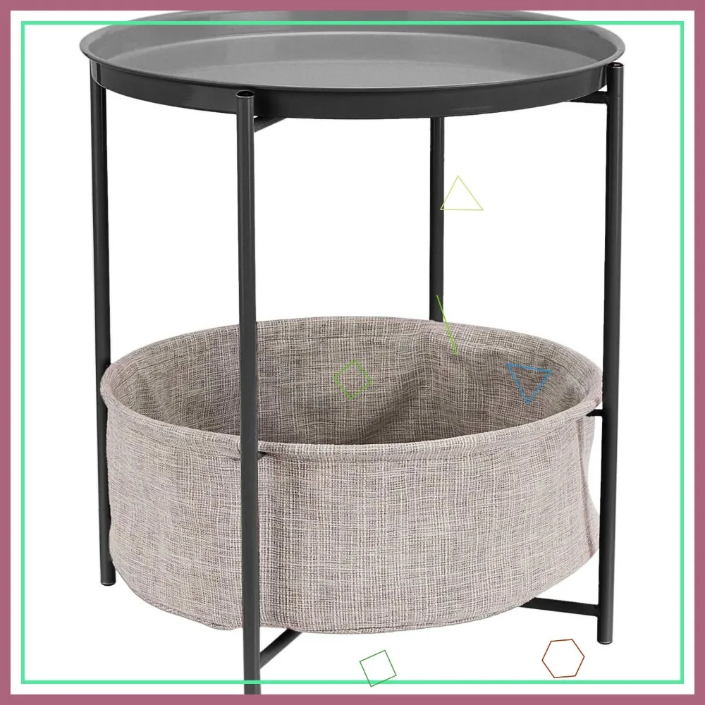 طاولة جانبية للتخزين مستديرة مع سلة قماش، رمادي فحمي، 17.7x17.7x18.9 بوصة #1