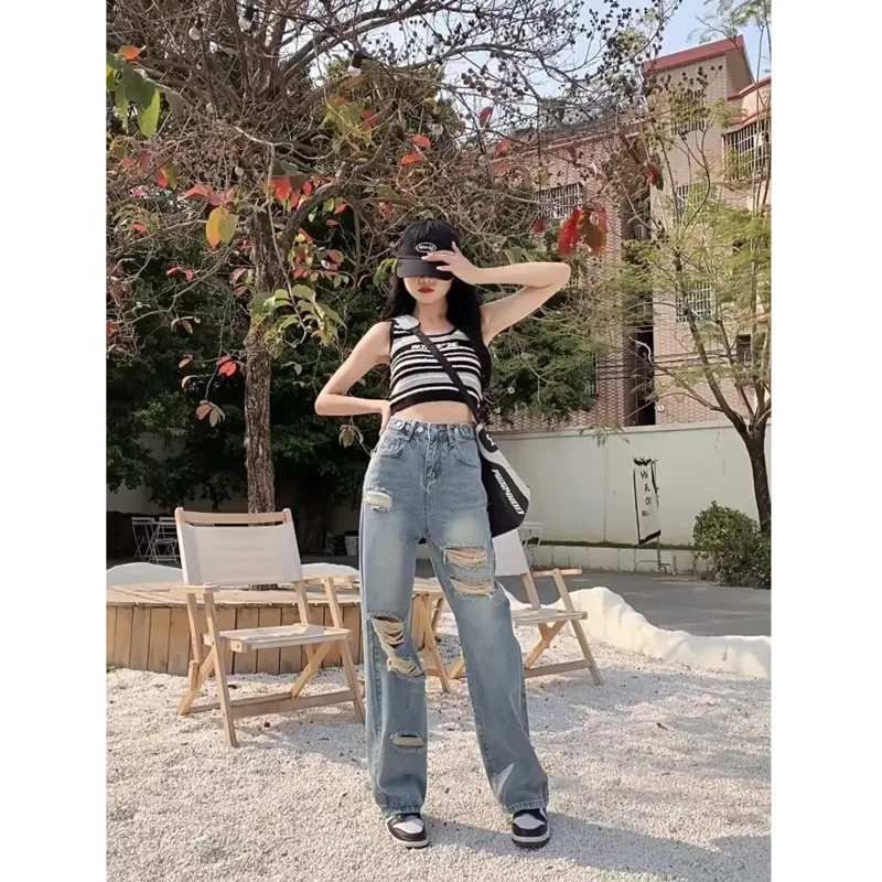 Perforated Jeans, Pear Shaped Figure, High Waist, Straight Tube, Loose Fitting Wide Leg Pants, Small Stature, Thin Summer Style