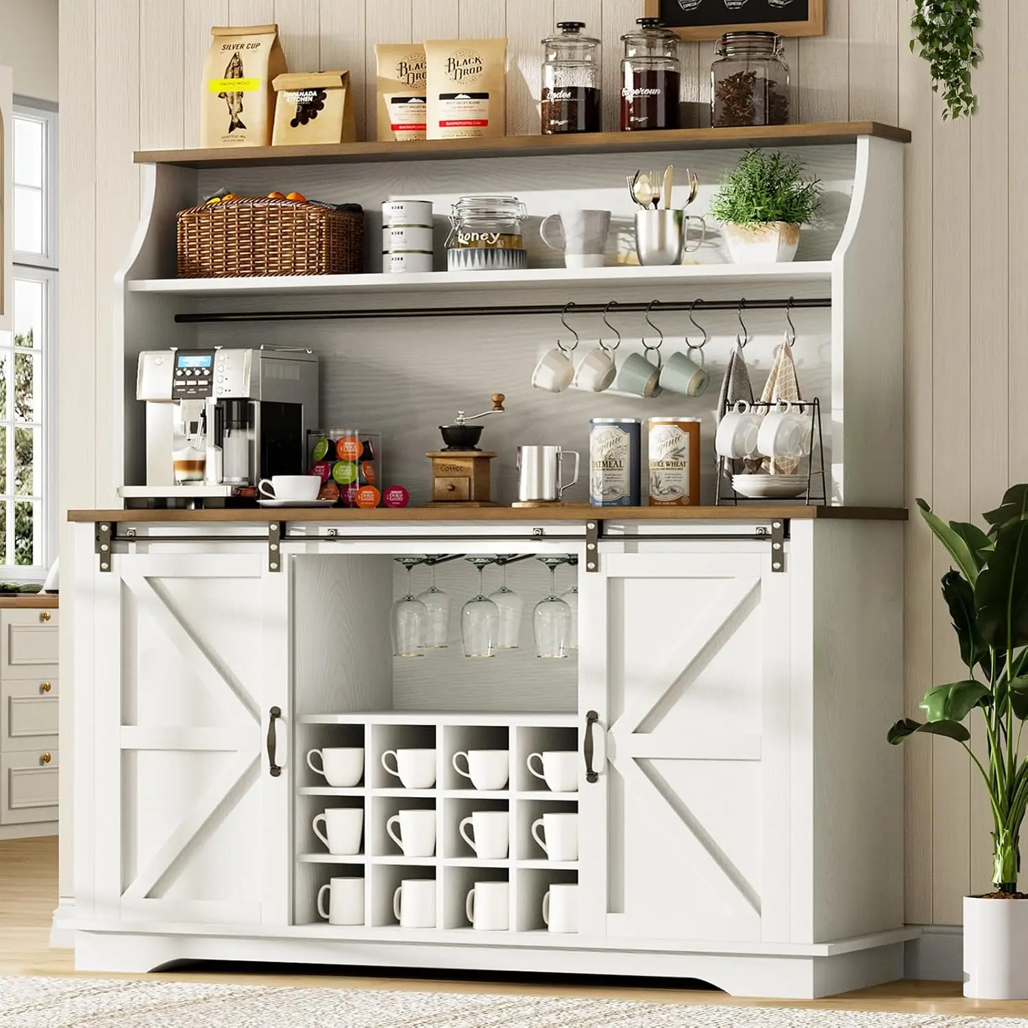 

55" Farmhouse Coffee Bar with 3-Tier Storage, Kitchen Hutch Storage Cabinet with 6 Hooks, Wine Bar Cabinet with 12 Wine Racks &