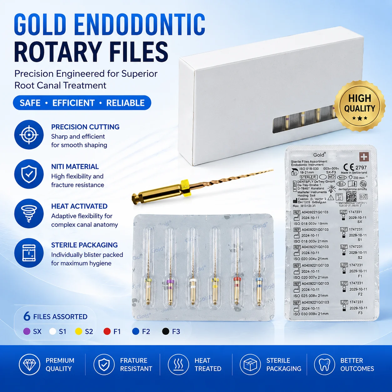6Pcs Dental taper Gold Rotary file endo file Assorted SX-F3 21mm 25mm 31mm Endodontic Flexible Dentist Use for Root Canal tool