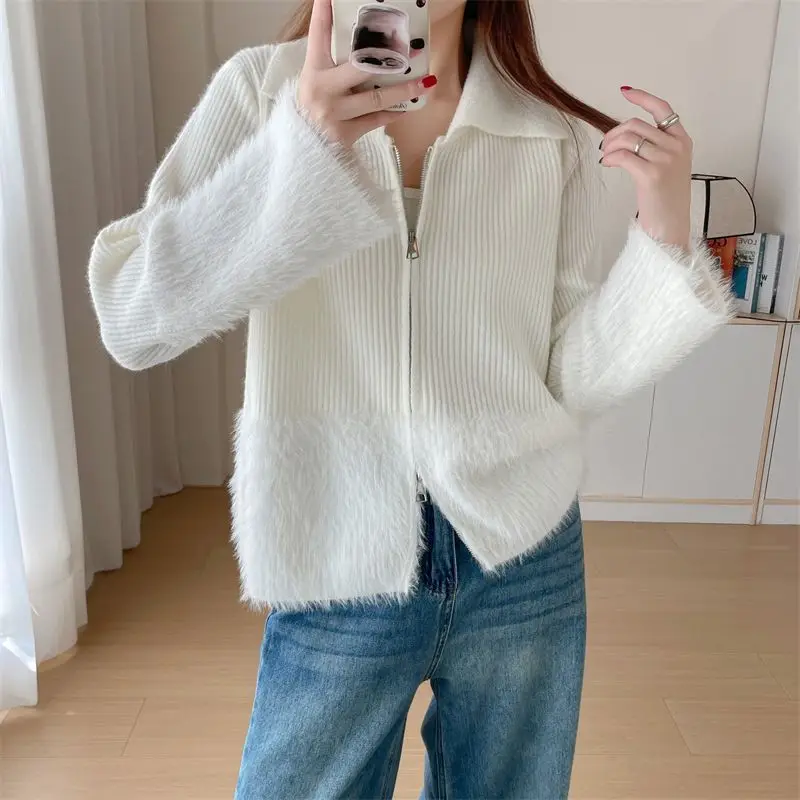 Frauen Kleidung Herbst Winter Einfachheit Alle-spiel Modische Stricken Zipper Einfarbig Frauen Patchwork drehen-unten Kragen Schweiß