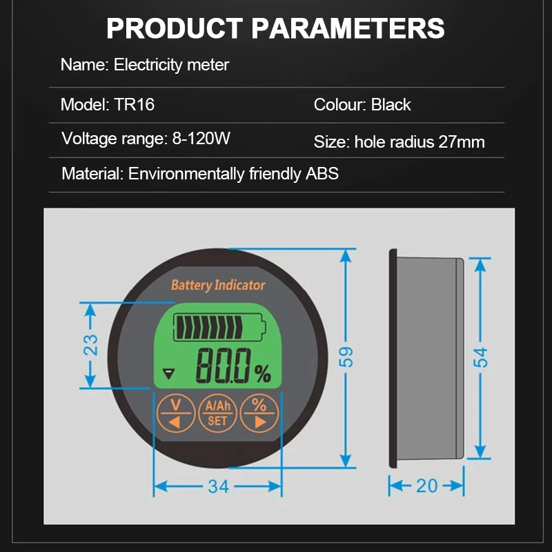 TR16 capacità batteria Coulombmeter 8-120V 50A 100A 350A Tester batteria impermeabile voltmetro amperometro misuratore di corrente di tensione