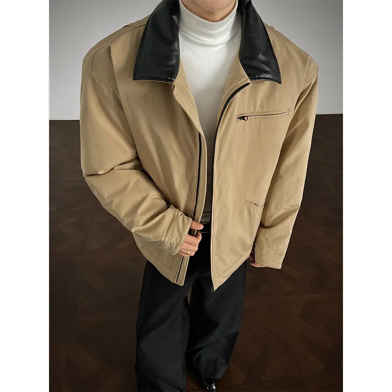 

Thiened Cotton Jaet Men's Winter Coat Detroit Patchwork Leather Collar Turn-down Collar Workwear American Sle Youth Fas...