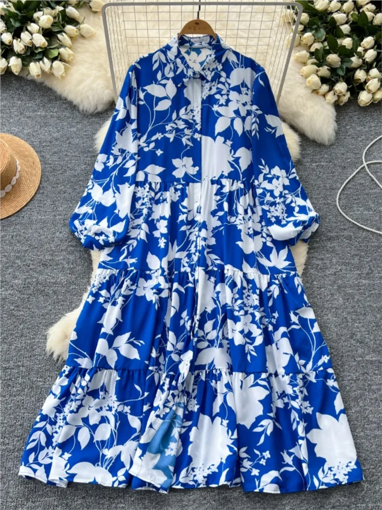 Vestido de manga larga con estampado Floral para mujer, Vestido camisero informal con botonadura única, elegante, Vintage, moda de otoño