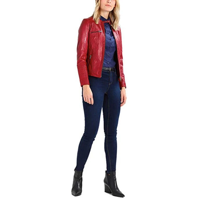 Premium Women Red Authentic NAPA 100% Leather Jacket Motorcycle Casual Wear Coat