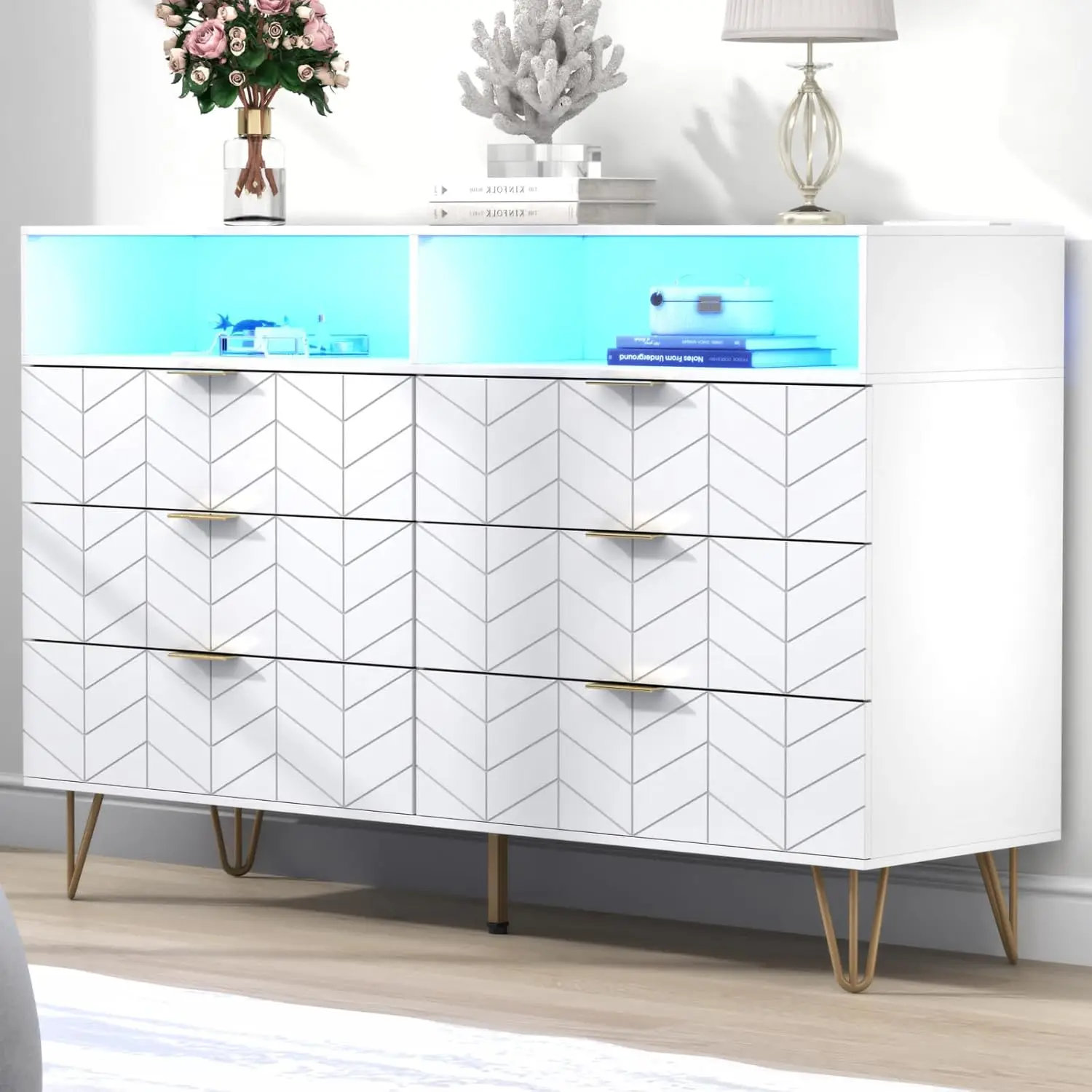 Loomie 6 Drawers Double Dresser With Power Outlet & Led Light,White Long Dresser Chests Of Drawers With Storage Cubby,Wood Wide