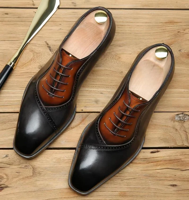 Men's Square-toe Lace-up Leather Shoes New Style First-layer Cowhide Oxfords Man Shoes Business Formal Shoes Wedding Office Shoe