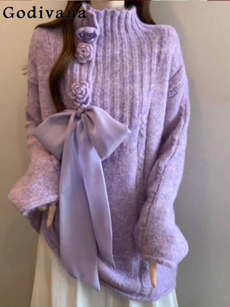 

Korean Heavy Industry Sweet Bow Three-dimensional Flower Turtleneck Sweater Women Autumn Winter Large Size Fashion Knitted Top