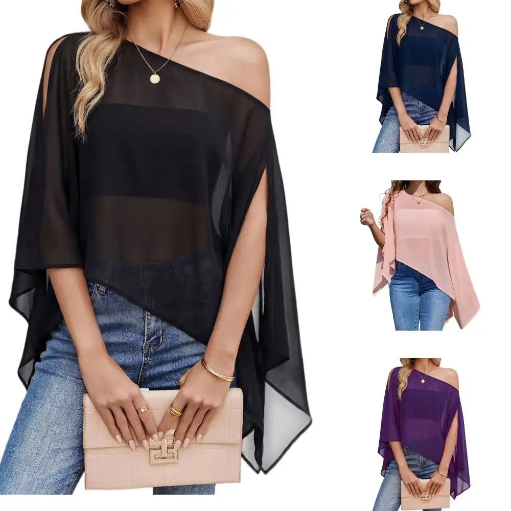 Wrinkle-Resistant Fabric Sun Protection Cover Up Wide Open Asymmetrical Pointed Batwing Sleeve Shirts Loose Flowing
