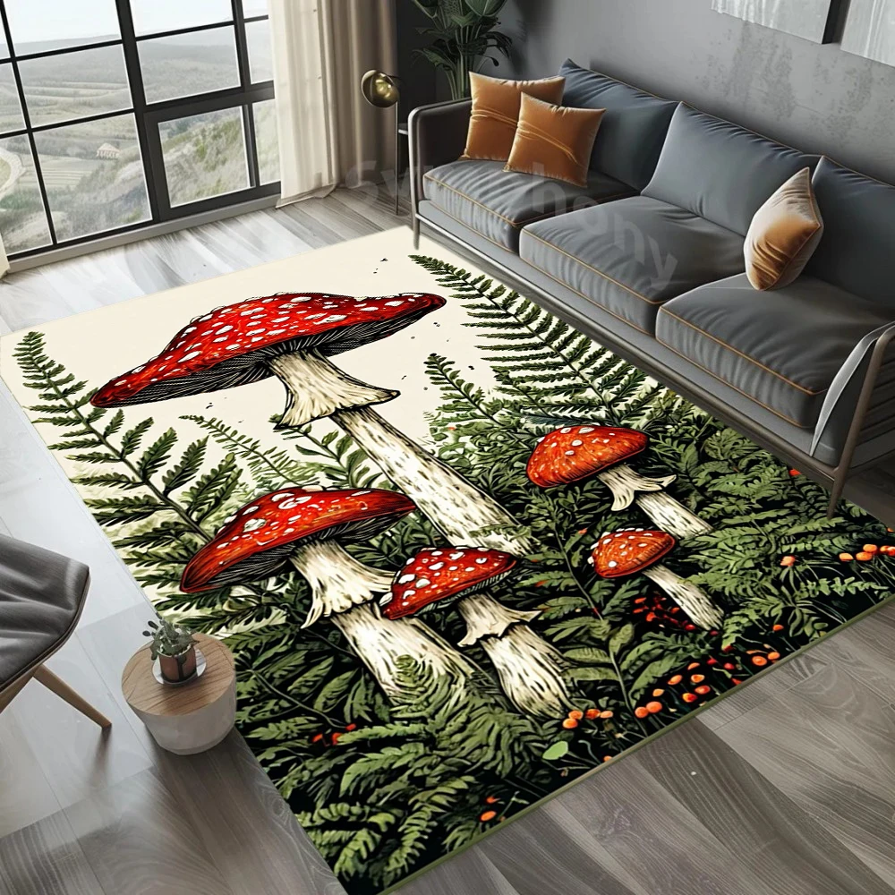 Mushroom Design Carpet Mat Rug Fern Leaves Forest Illustrati
