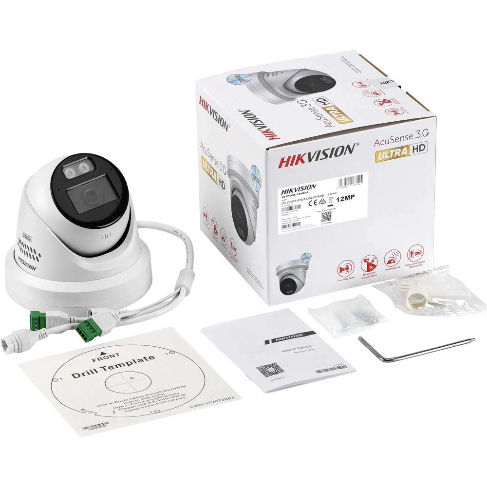 Hikvision DS-2CD23123G2-LIS2UY/SRB 12MP AcuSense AI ColorVu IR Red&Blue Light Alarm PoE IP67 Human Vechile Motion Detection