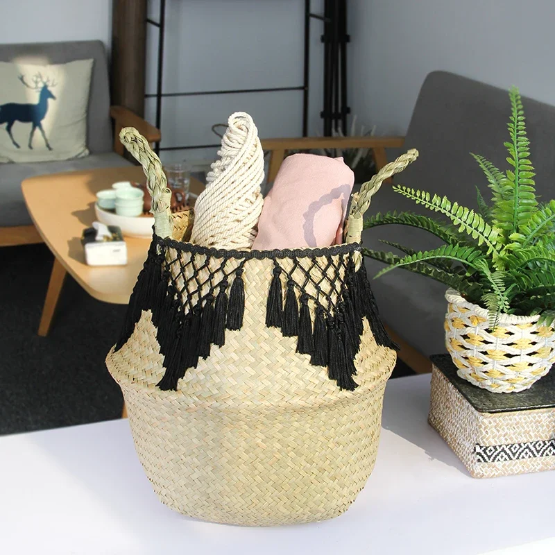 Cesta de vime tecido seagrass para planta pote organizador lavanderia cesta de piquenique para banheiro animais de estimação brinquedos panier osier