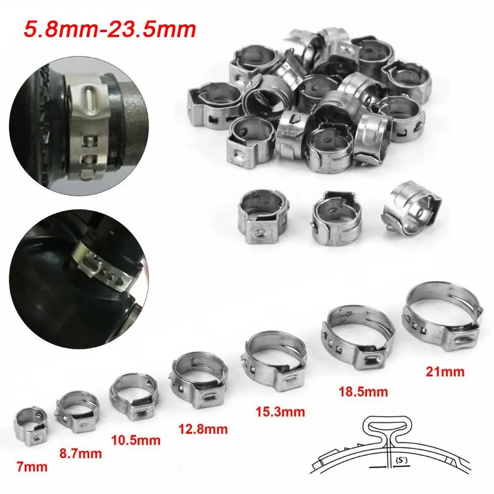 10Pcs 5.3-31mm Hose Clamp Assortment Kit Fixed Pipe Clip Single Ear Stepless 304 Stainless Steel Pipe Hoop Fuel Tube Water Pipe
