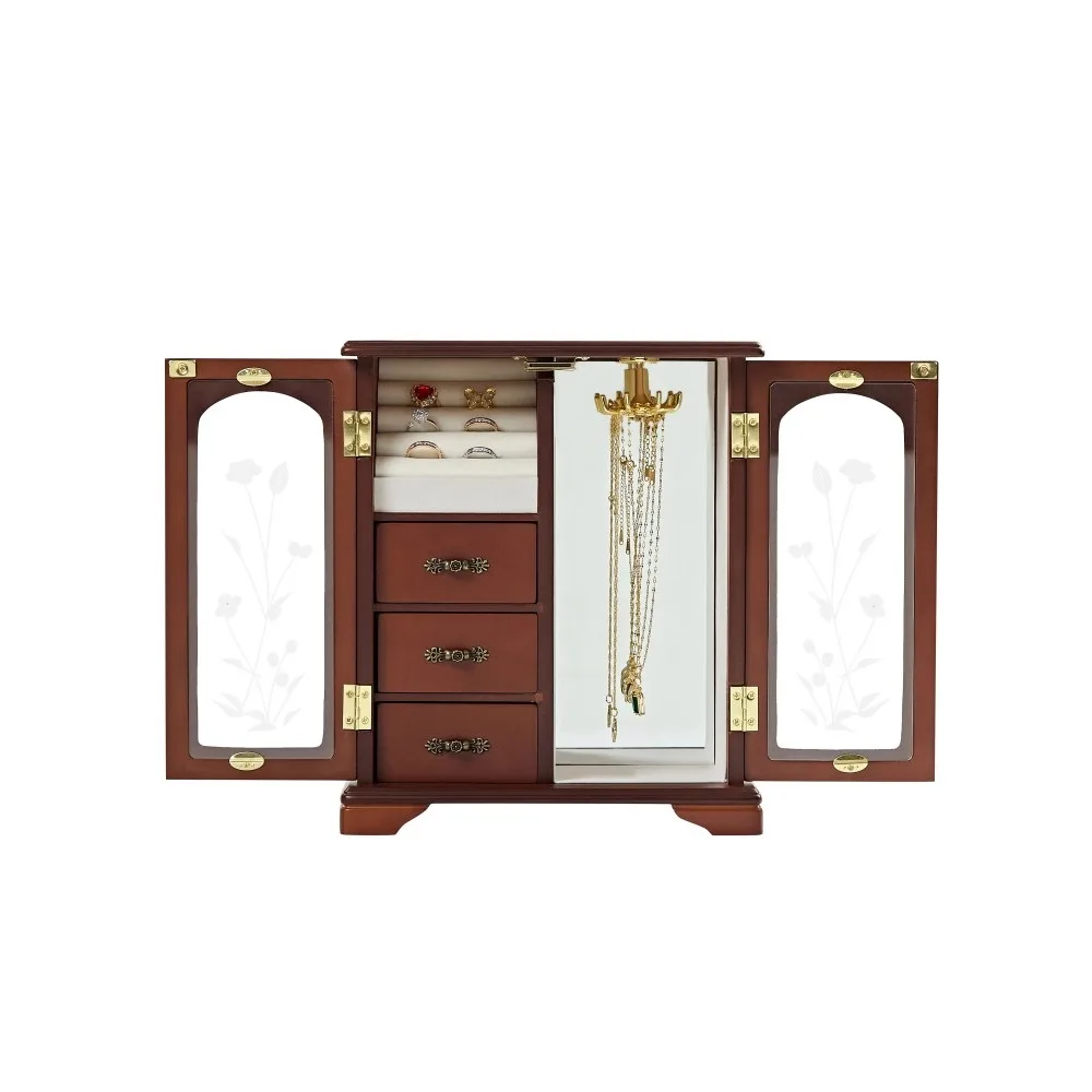 

Solid Wood Jewelry Box Women Ring Organizer with 3 Drawers Built-in Necklace Rotating Rack and Mirror, Gift for Girlfriend.