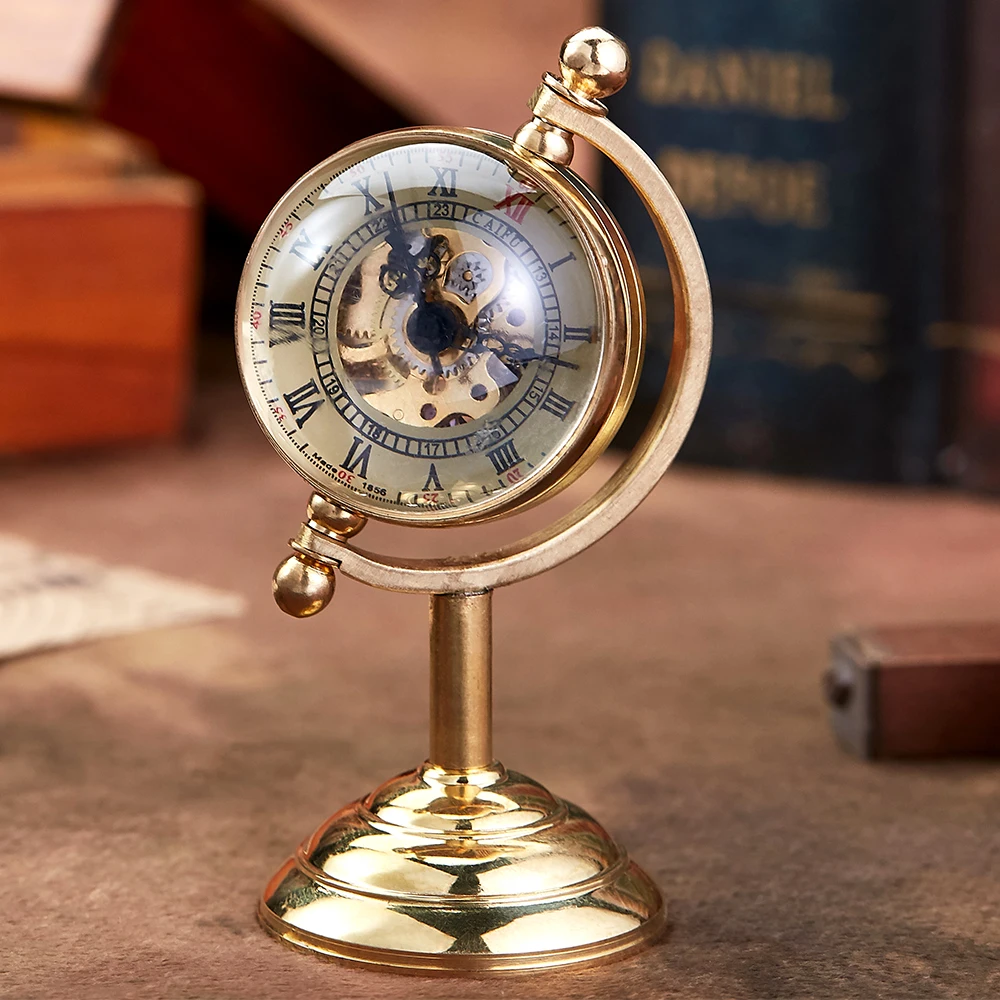 Spinning Globe Mechanical Pocket Watch Vintage Gold Desk Clock Men Male Creative Gift Copper Table Pocket Watches FOB Retro