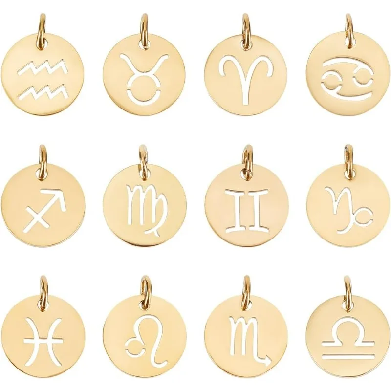 

Stainless Steel 12 Constellations Charm Zodiac Sign Pendants Charms Golden Flat Round with Constellation Pendant for DIY Jewelry