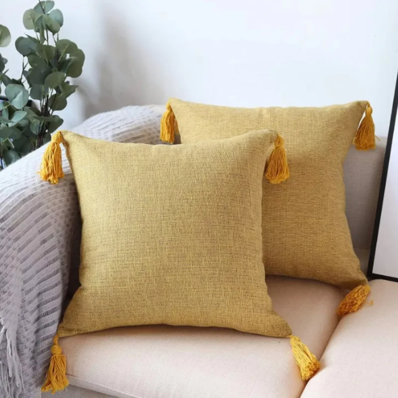 Yellow 45x45cm Linen Throw Pillow Covers Boho Farmhouse Decorative Cushion Covers with Tassels for Couch Decor Christmas Gift