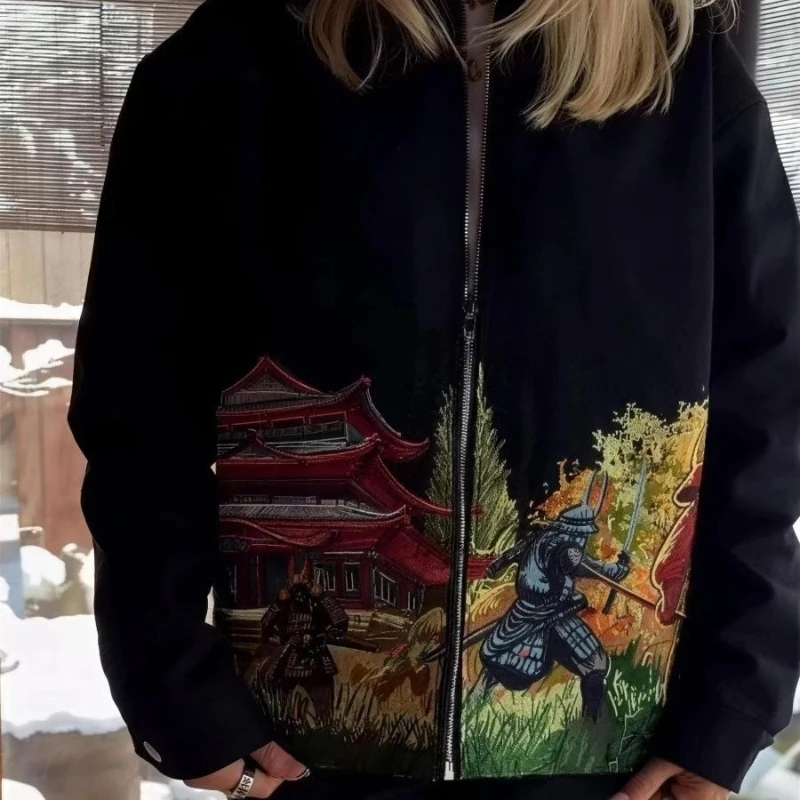 Mens Jacket Japanese Samurai Embroidery Vintage Baseball Coat Harajuku Unisex Heavy Embroidered Loose Fit Streetwear Couple New view 3