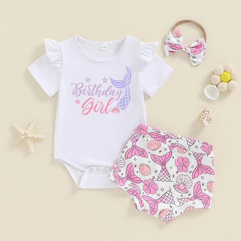 Suefunskry Baby Girl 1st Birthday Outfit Letter Ruffled Short Sleeve Romper with Shell Pattern Shorts and Headband