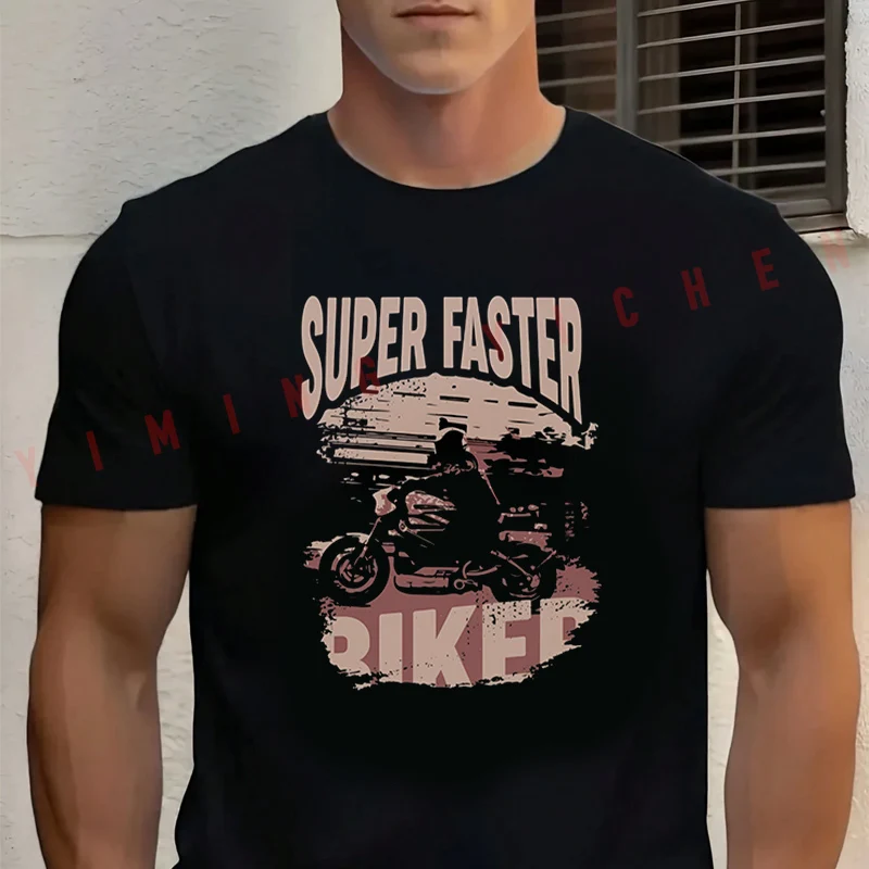 

Super Faster Biker Graphic Motorcycle T-Shirt Men‘s Cotton Summer Short-sleeved Casual Streetwear Tops Tee