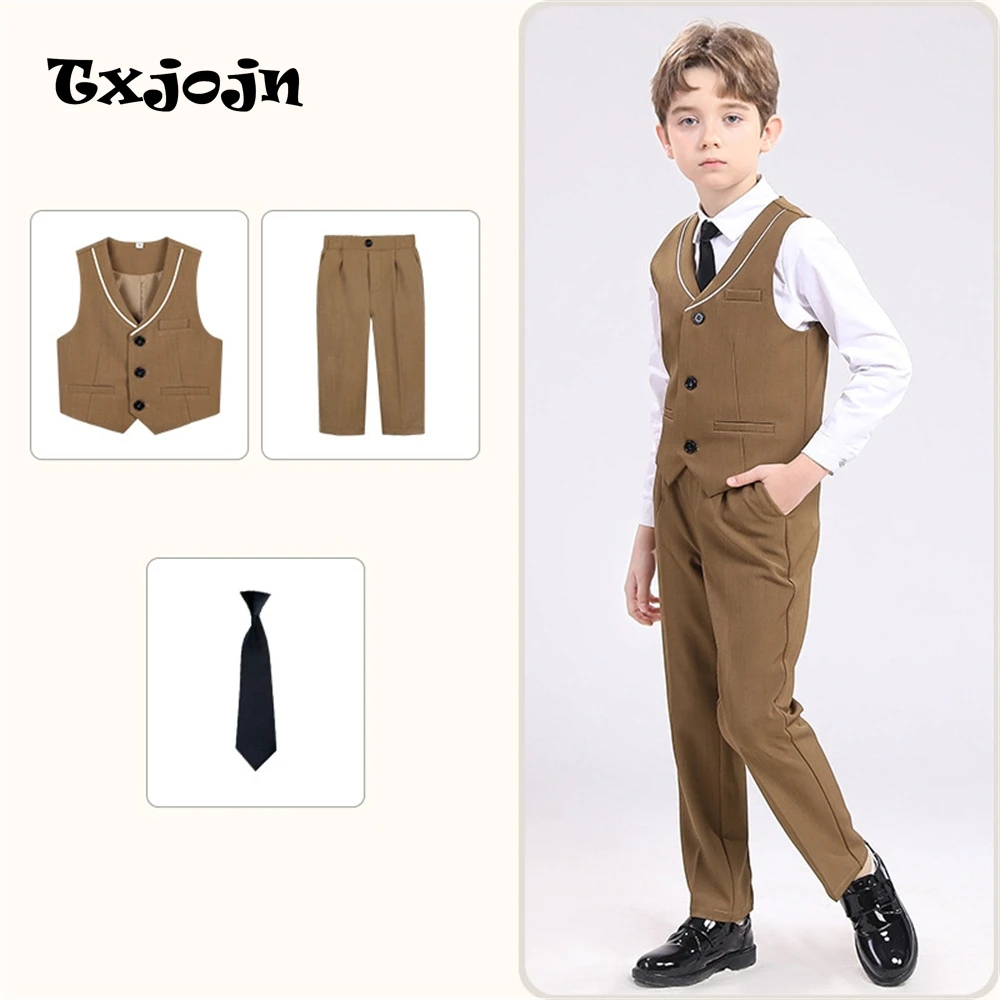 Txjojn Kids Formal Vest Pants Set Summer Wedding Guest Outfit for Children 90-170cm Single Breasted Vestcoat Trousers Tie Sets